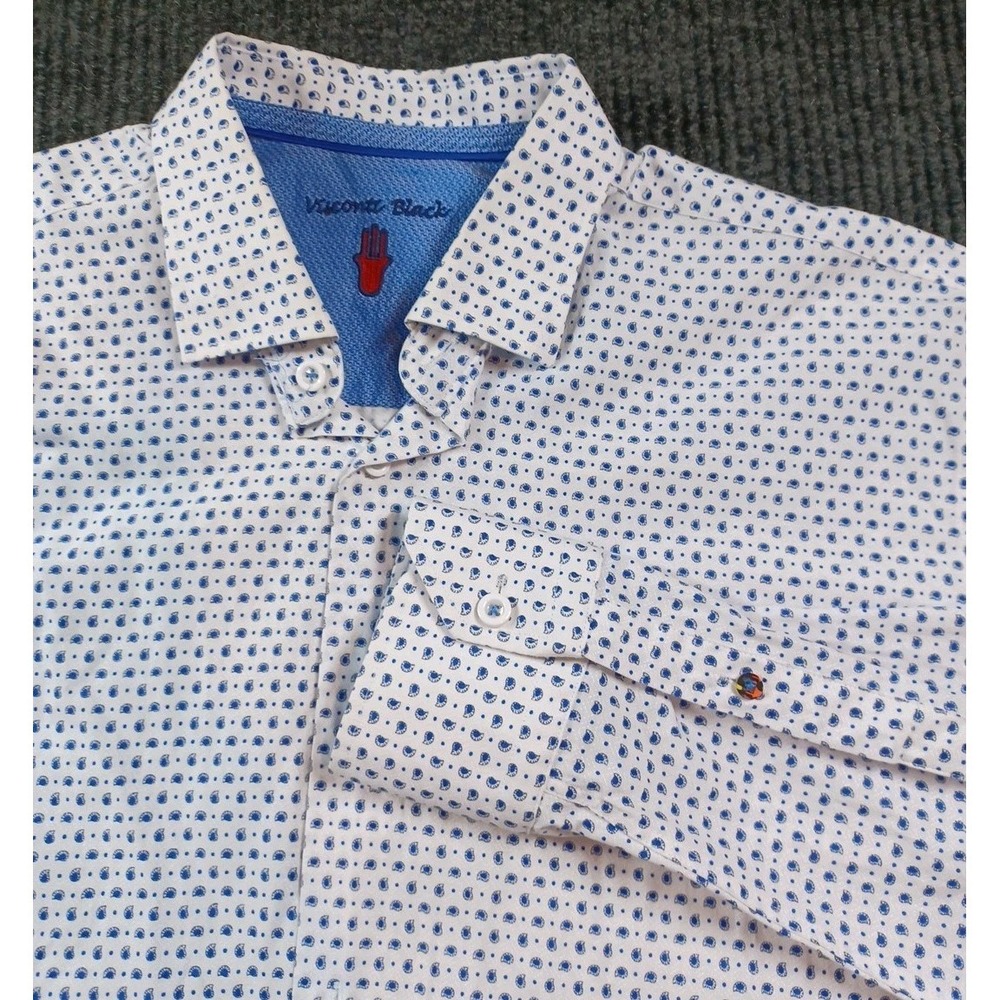 Visconti Black Shirt Mens Large Tailored Fit Button Front White w/Blue Accents‎